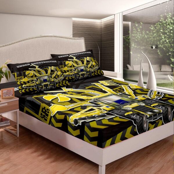 Loussiesd Under Construction Bedding Set Boys Cute Vehicles Bed Sheet Set Kids Cartoon Machinery Cars Fitted Sheet & Pillow Sham Set Child Nursery Bulldozer Crane Bed Cover No Flat Sheet Single Size - Image 2