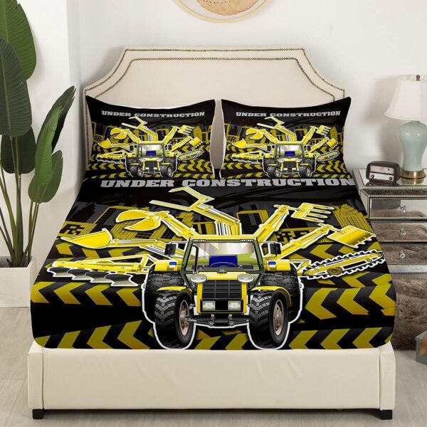 Loussiesd Under Construction Bedding Set Boys Cute Vehicles Bed Sheet Set Kids Cartoon Machinery Cars Fitted Sheet & Pillow Sham Set Child Nursery Bulldozer Crane Bed Cover No Flat Sheet Single Size - Image 3