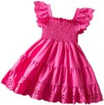 JiAmy Toddler Girls Dresses Ruffle Sleeve Solid Color Hollow Clothes A Line Party Kids Summer Dresses Tiered Splicing Outfit for 1-6 Years