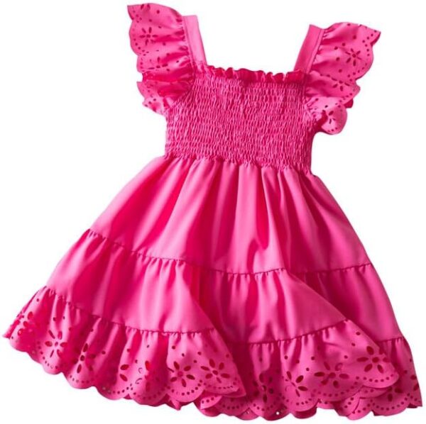 JiAmy Toddler Girls Dresses Ruffle Sleeve Solid Color Hollow Clothes A Line Party Kids Summer Dresses Tiered Splicing Outfit for 1-6 Years - Image 3