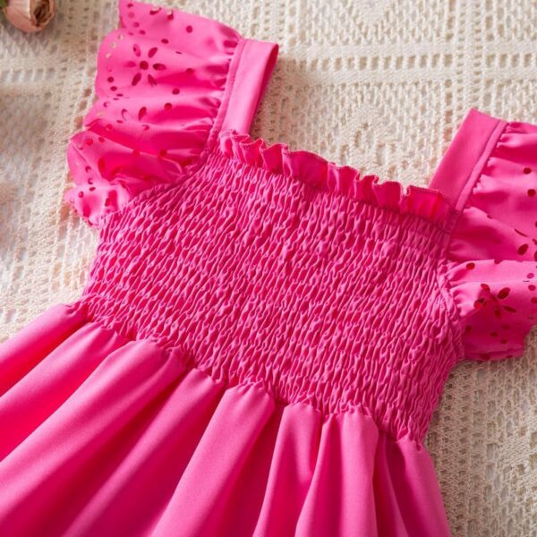 JiAmy Toddler Girls Dresses Ruffle Sleeve Solid Color Hollow Clothes A Line Party Kids Summer Dresses Tiered Splicing Outfit for 1-6 Years - Image 4
