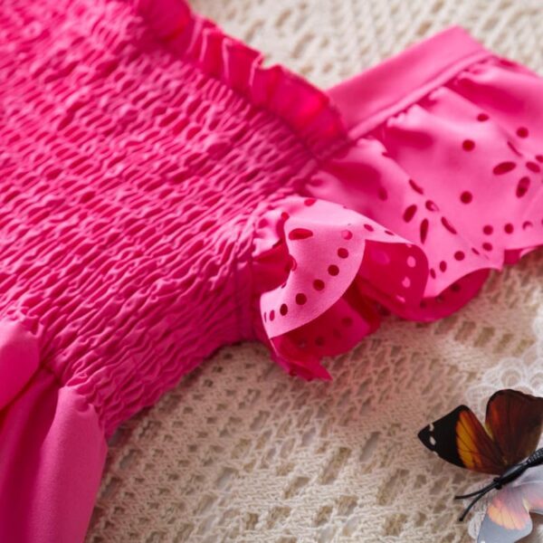 JiAmy Toddler Girls Dresses Ruffle Sleeve Solid Color Hollow Clothes A Line Party Kids Summer Dresses Tiered Splicing Outfit for 1-6 Years - Image 6