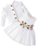 IBTOM CASTLE Baby Girls Floral Print Dress Cardigan 2PCS Set Newborn Infant Sleeveless Cotton Dresses with Bow Coat Brithday Dress Toddler Girls Clothes