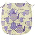 Ambesonne Tea Party Chair Seating Cushion Set of 2, Striped Teapots Cups Silhouettes Classical Calligraphy Pattern, Anti-Slip Seat Padding for Kitchen & Patio, 16"x16", Pale Yellow Lavender - Image 2