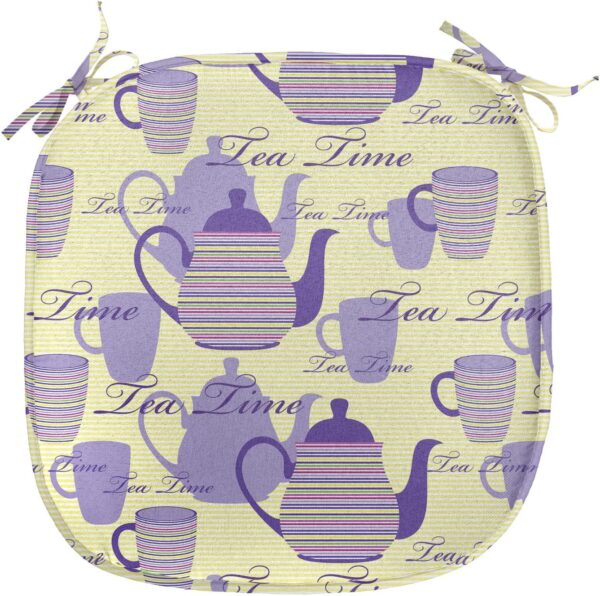 Ambesonne Tea Party Chair Seating Cushion Set of 2, Striped Teapots Cups Silhouettes Classical Calligraphy Pattern, Anti-Slip Seat Padding for Kitchen & Patio, 16"x16", Pale Yellow Lavender - Image 2