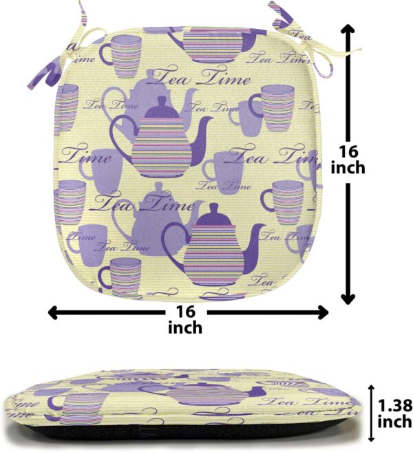Ambesonne Tea Party Chair Seating Cushion Set of 2, Striped Teapots Cups Silhouettes Classical Calligraphy Pattern, Anti-Slip Seat Padding for Kitchen & Patio, 16"x16", Pale Yellow Lavender - Image 7