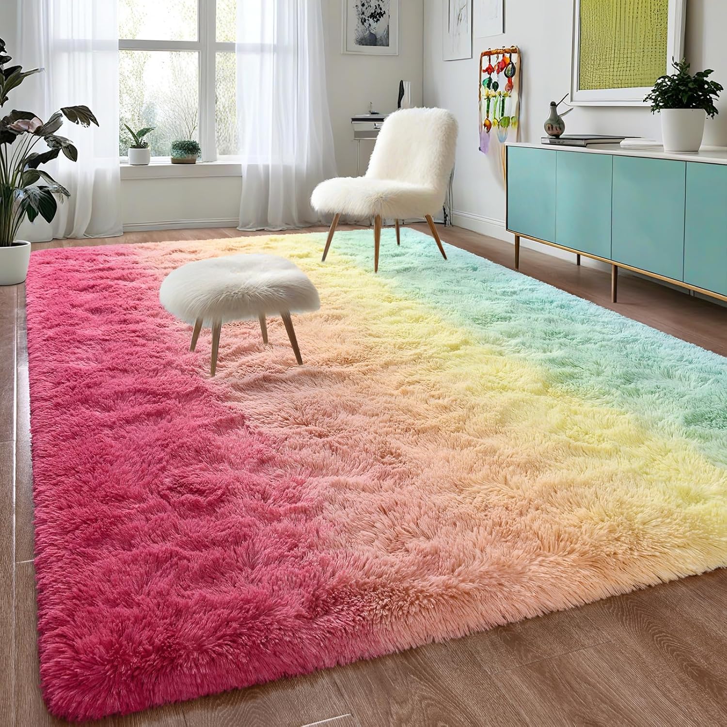 1743264460_81cnpCtdD3L._AC_SL1500_.jpg DweIke Shag Area Rug, 5x8 Ft Rainbow Pink Rug Indoor Ultra Soft Plush Carpets for Living Room and Bedroom, Non-Slip, Plush High Pile Fuzzy Rugs for Girls Kids Room Bedroom Nursery Decor - Image 1