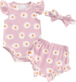 Newborn Baby Girl Clothes Floral Print Fly Sleeve Romper Ruffle Bloomer Shorts Headband Set 3Pcs Summer Outfits (B-Purple C, 3-6 Months)