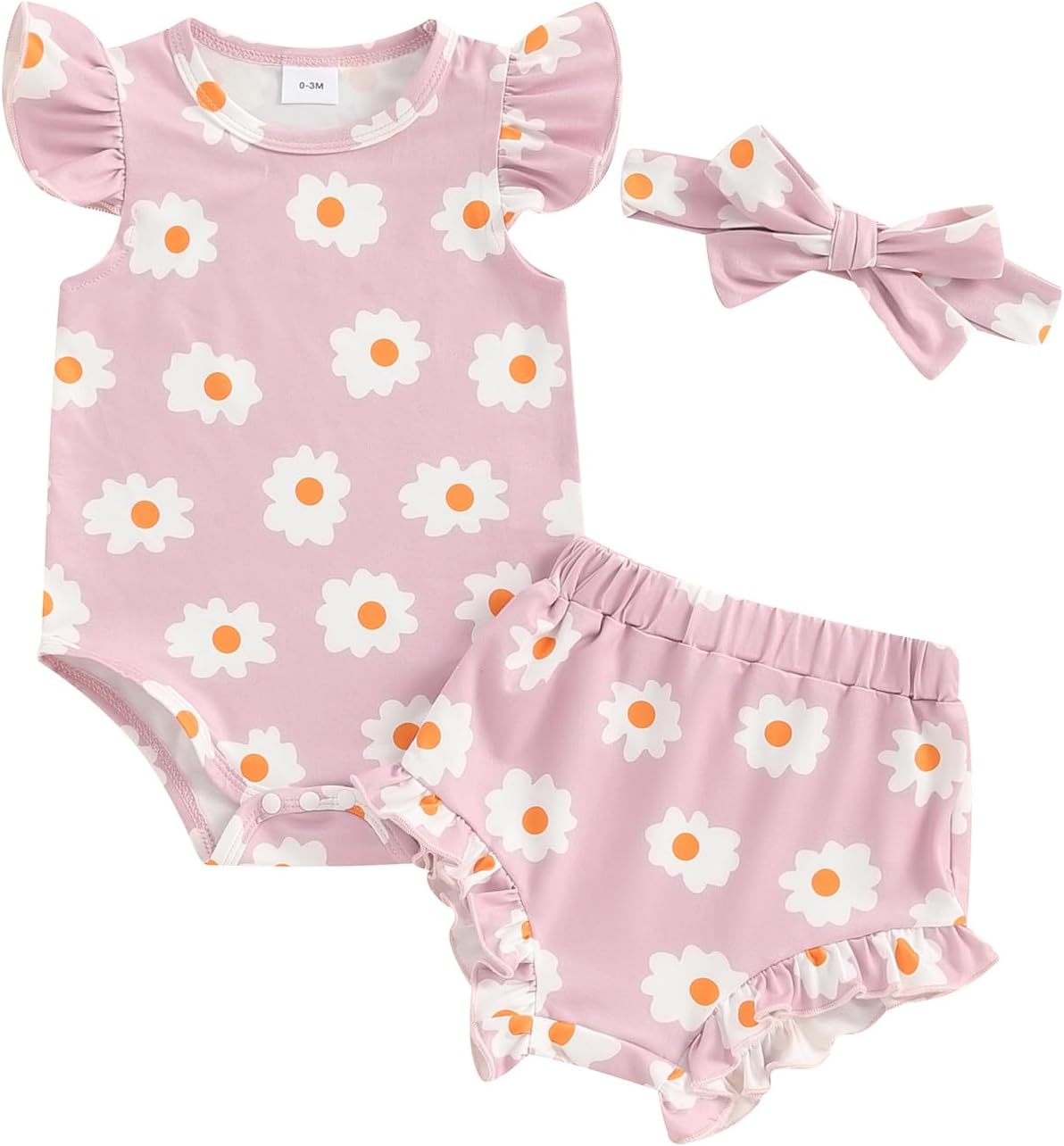 1743338811_61sgdCMwkaL._AC_SL1500_.jpg Newborn Baby Girl Clothes Floral Print Fly Sleeve Romper Ruffle Bloomer Shorts Headband Set 3Pcs Summer Outfits (B-Purple C, 3-6 Months) - Image 1