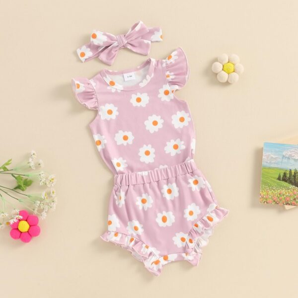 Newborn Baby Girl Clothes Floral Print Fly Sleeve Romper Ruffle Bloomer Shorts Headband Set 3Pcs Summer Outfits (B-Purple C, 3-6 Months) - Image 2