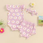 Newborn Baby Girl Clothes Floral Print Fly Sleeve Romper Ruffle Bloomer Shorts Headband Set 3Pcs Summer Outfits (B-Purple C, 3-6 Months) - Image 6