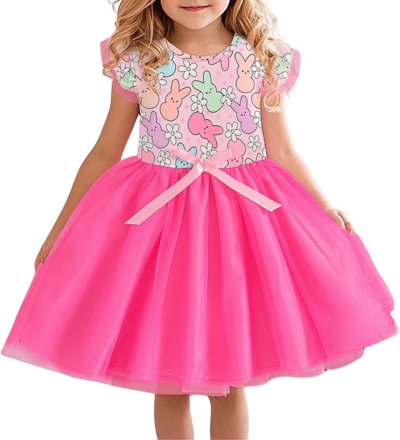 1743397822_61bHospFd-L._AC_SL1500_.jpg Momkonzz Girls Easter Dress Toddler Girl Bunny Floral Tulle Tutu Dresses Little Girl Short Sleeve Summer Sundress - Image 1