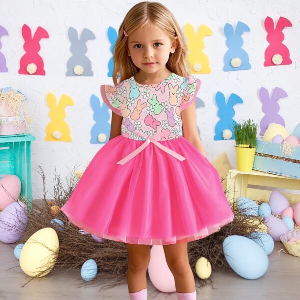 Momkonzz Girls Easter Dress Toddler Girl Bunny Floral Tulle Tutu Dresses Little Girl Short Sleeve Summer Sundress - Image 2
