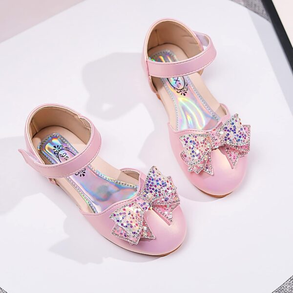 Baby Girls Dress Dance Shoes Bow Glitter Sequins Ankle 𝗟ow Heel Sandals Closed Toe Strap Toddler Kids Loafers (Pink, 13.5 Little Child) - Image 3