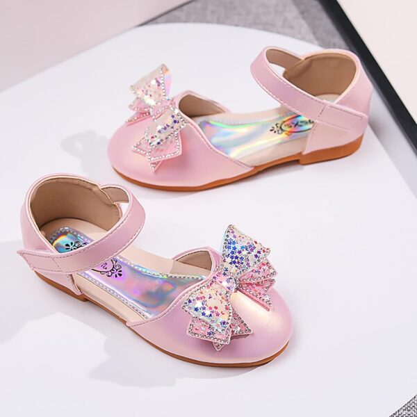 Baby Girls Dress Dance Shoes Bow Glitter Sequins Ankle 𝗟ow Heel Sandals Closed Toe Strap Toddler Kids Loafers (Pink, 13.5 Little Child) - Image 4