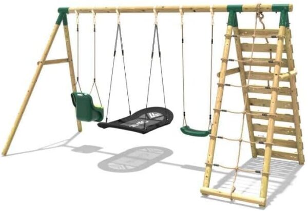 Rebo® Wooden Swing Set with Up and Over Climbing Wall - Skye Green | OutdoorToys | Baby Seat, Boat Seat, Sturdy Wooden Construction, Pressure Treated Timber - Image 4