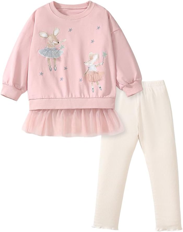 41GrKVjWyCL._AC_SL1200_.jpg TCWWBB Girls Kids Outfits Clothes Set Toddler Cute Unicorn Bunny Bowknot Birthday Print long Sleeve Cotton Shirt jumper Dresses Tops Leggings Trousers Pants 2 Piece Clothing Set Age 1-7 Years Old - Image 1