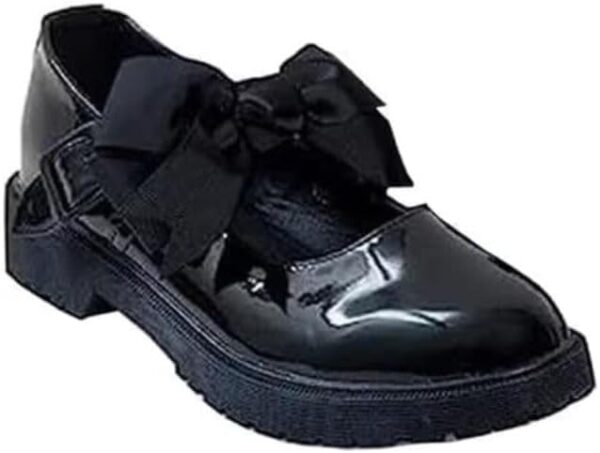 ANZEE Girls Mary Jane Back to School Black Shoes with Detachable Bow On Strap - Toddler Kids Comfort Uniform Shiny Ankle Strap Shoes UK - Image 2