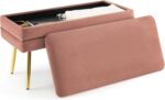 COSTWAY Storage Ottoman with Removable Top, Velvet Upholstered Storage Bench with Compartment & Gold Metal Legs, Modern Rectangular Footstool for Bedroom Living Room (Pink)