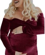 Runstarshow Maternity Dress Photoshoot Baby Shower Dresses for Pregnant Women Maternity Clothes Long Sleeve V-Neck Velvet Pregnancy Dresses Maternity Gown Photography Party Dress Plus Size S-XL - Image 3