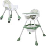 Mobiclinic®, High Chair, 2 in 1, Adjustable Height, Baby Highchair, Double Tray, Baby and Toddler Chair, 5-Point Safety Harness, Removable Wheels, Up to 35 kg, Forest, Storage Basket, 360º Wheels