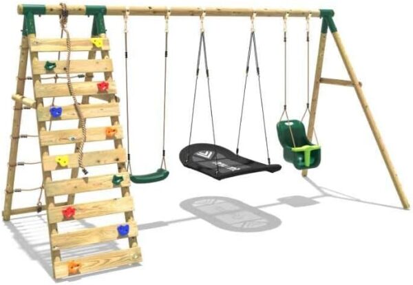 Rebo® Wooden Swing Set with Up and Over Climbing Wall - Skye Green | OutdoorToys | Baby Seat, Boat Seat, Sturdy Wooden Construction, Pressure Treated Timber - Image 2