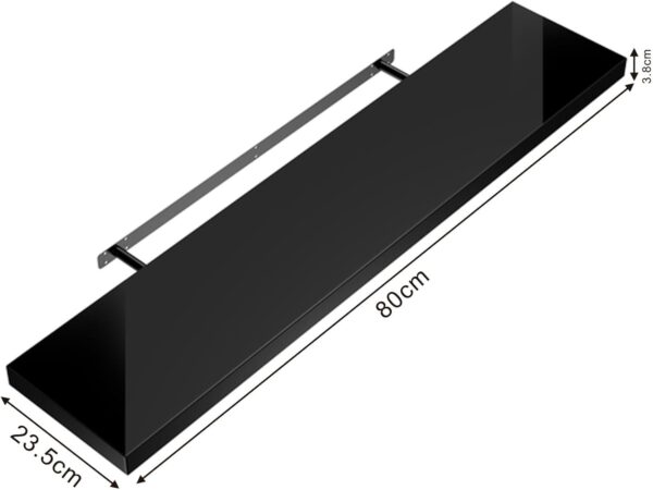 Shelfinity Set of 3 Black Floating Shelves for Wall | 80cm High Gloss Modern Wall Shelves | for Bedroom Living Room Bathroom Kitchen Office | Floating Shelf Unit Ideal for Display & Storage - Image 2
