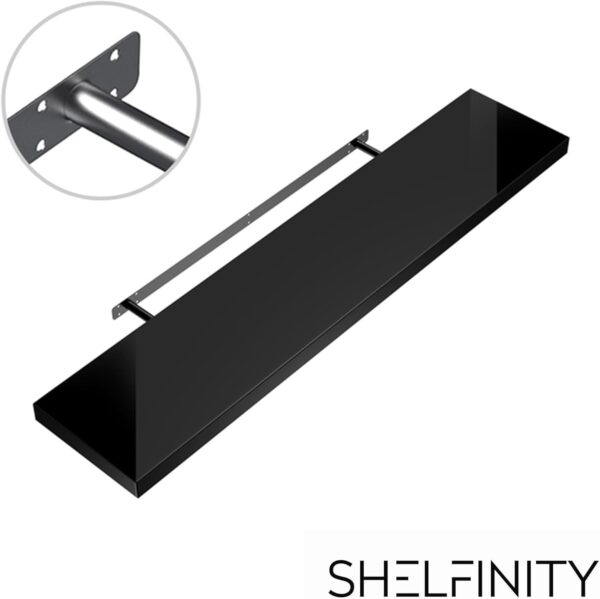 Shelfinity Set of 3 Black Floating Shelves for Wall | 80cm High Gloss Modern Wall Shelves | for Bedroom Living Room Bathroom Kitchen Office | Floating Shelf Unit Ideal for Display & Storage - Image 7