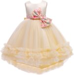 Girls Ball Gown Dresses, Girls Special Occasion Dress Champagne Puffy Tulle Dress High Low with Long Train and Bow on Back
