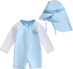 Geagodelia Baby Boy Swimming Costume Infant Boys One Piece Swimsuit Long Sleeve Contrast Color Dinosaur Bathing Suit Summer Rash Guard Sun Hat
