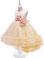 Girls Ball Gown Dresses, Girls Special Occasion Dress Champagne Puffy Tulle Dress High Low with Long Train and Bow on Back - Image 2