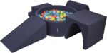 KiddyMoon Foam Playground For Kids With Round Ballpit (300 Balls ∅ 7Cm/2.75In) Soft Obstacles Course And Ball Pool, Made In EU, Darkblue:Lgreen/Orange/Turquoise/Blue/Bblue/Yellow