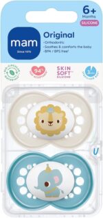 MAM Original Soothers 6+ Months (Pack of 2), Baby Soothers with Self Sterilising Travel Case, Newborn Essentials, Blue (Designs May Vary) - Image 2