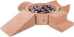 KiddyMoon Foam Playground Velvet For Kids With Round Ballpit (200 Balls ∅ 7Cm/2.75In) Soft Obstacles Course And Ball Pool, Made In EU, Desert Pink:Dark Turquoise/Pastel Beige/Greygreen/Salmon Pink