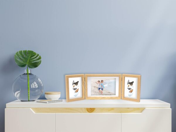 Triple Multi Photo Frame 2-6x4 and 7x5'', Hinged Foldable Picture Frames for Multiple Pictures 2-4x6 and 5x7'', Natural Wood effect College Picture Frame for Desktop Family Photo Farme. - Image 2