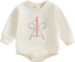 Beauace Newborn Baby Girls First Birthday Outfit Bow One Embroidery Romper Infant Girls Long Sleeve Bodysuit Baby Clothes for Girls