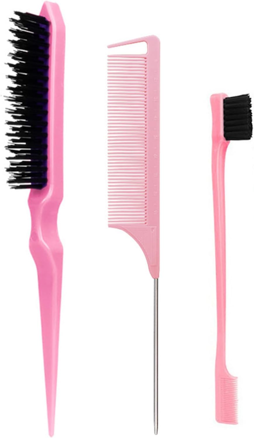 51yjJ7O9mmL._AC_SL1500_.jpg 3 Pcs Slick Back Hair Brush Set with Edge Brush, Bristle Brush, Teasing Brush, Rat Tail Comb Hair Brush Comb Set for Smoothing Baby Hair & Flyaways (Pink) - Image 1