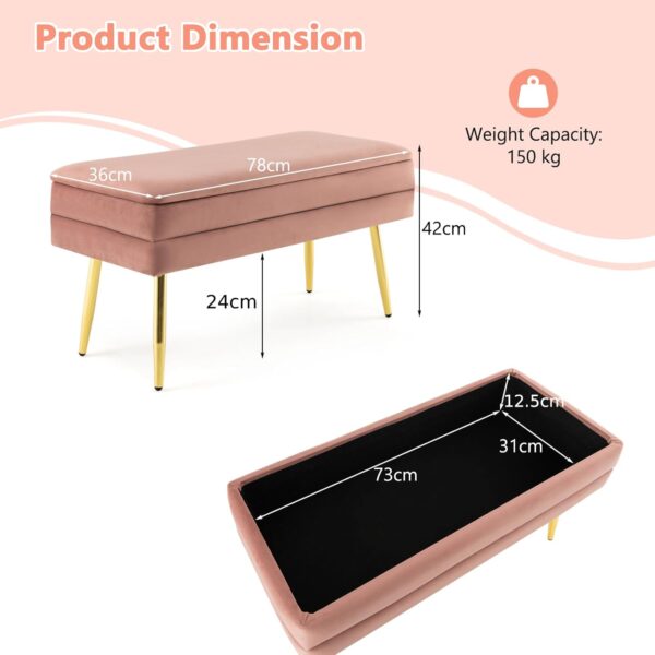 COSTWAY Storage Ottoman with Removable Top, Velvet Upholstered Storage Bench with Compartment & Gold Metal Legs, Modern Rectangular Footstool for Bedroom Living Room (Pink) - Image 3