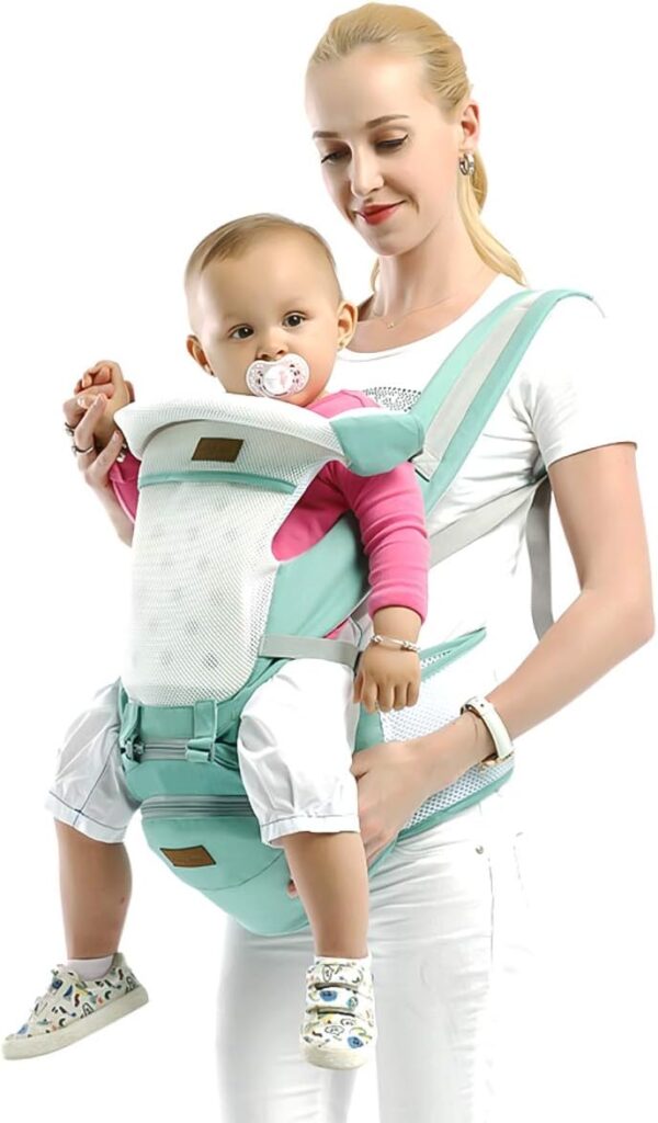 SONARIN 3 in 1 Multifunction Hipseat Baby Carrier,Ergonomic,Mummy Bag,100% Cotton,Breathable mesh Backing,Adapted to Your Child's Growing,Cozy & Soothing for Babies(Green) - Image 2