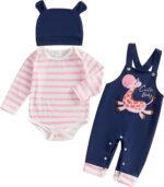 Infant Baby Boy Girl Spring Outfit Striped Long Sleeve Round Neck Romper Giraffe Embroidery Suspender Overall Pants Hat 3Pcs Set