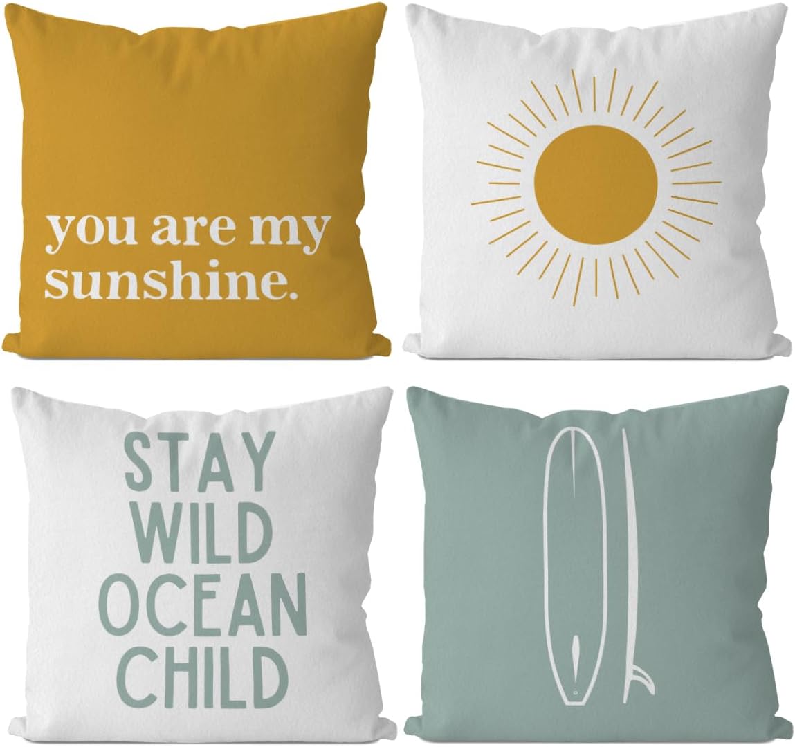 610vh1iX91L._AC_SL1200_.jpg IWXYI Boho Surf Positive Stay Wild Ocean Child Throw Pillow Cover 18x18 Inch Set of 4,Coastal Boy Sunshine Cushion Pillow Cover Nursery Decoration,Beach Surf Decorative Pillowcase for Nursery Decor - Image 1