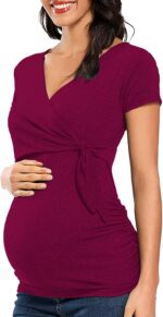 SHEKINI Women's Breastfeeding Tops Maternity Short Sleeve Tee Shirt V Neck Ruched Pregnancy Nursing Clothes