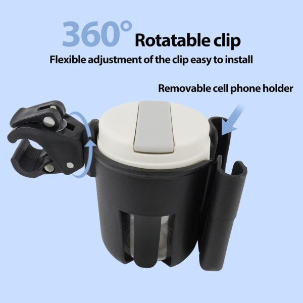 Filltown Stroller Cup Holder with Cell Phone Holder, 360° Adjustable Universal Drink Coffee Baby Bottle Cup Holder for Stroller, Baby Stroller, Pram, Bike, Wheelchair, Walker (Black) - Image 4