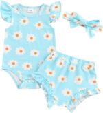 Newborn Baby Girl Clothes Floral Print Fly Sleeve Romper Ruffle Bloomer Shorts Headband Set 3Pcs Summer Outfits (B-Blue A, 9-12 Months)