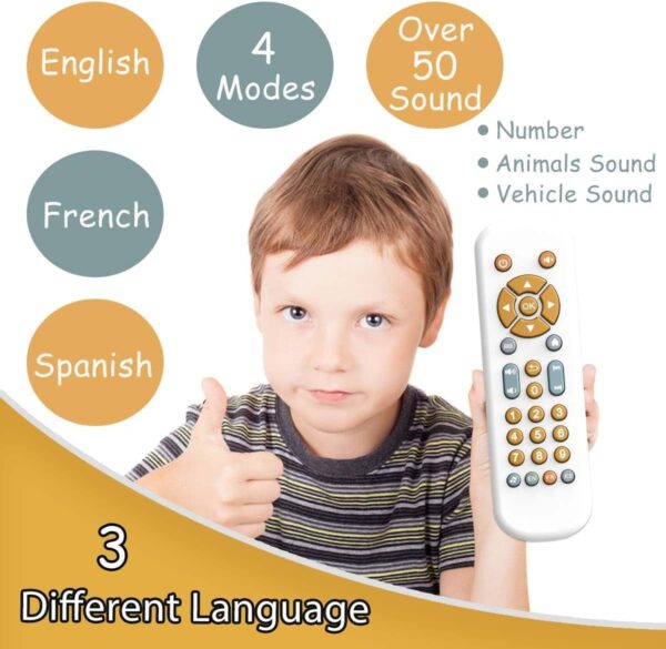 Bambebe Baby TV Remote Control Toy with Music Sound and Soft Light, Toddler Realistic Play TV Remote Toys Early Educational Learning Toy with 3 Language, Musical Baby Sounds Toys 6 12 18 Months - Image 4