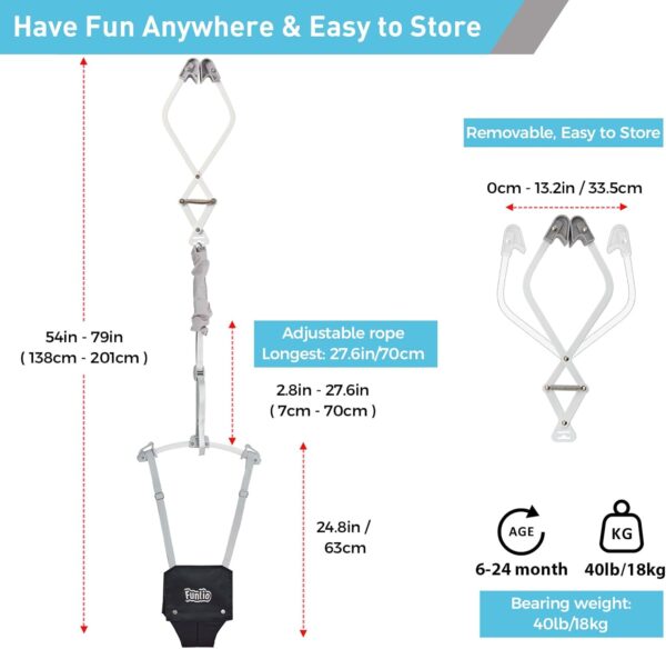 FUNLIO Baby Door Jumper for 6-24 Months (with Door Clamp), Baby Jumper Doorway with Strong Spring & Adjustable Strap, Portable Infant Door Bouncer, Bearing 40 Lbs, CPC & CE Certified- Black - Image 7