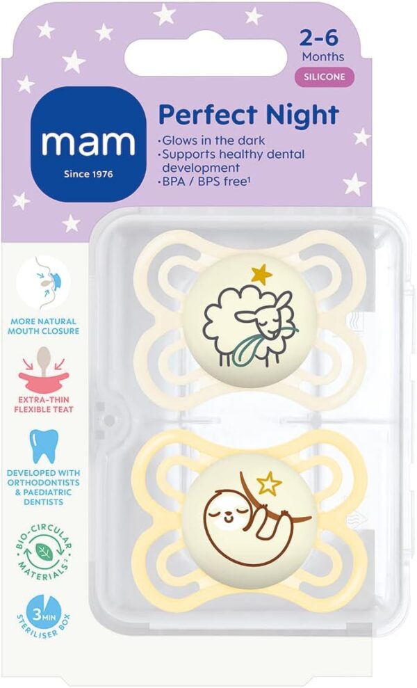 MAM Perfect Night Soothers 2-6 Months (Pack of 2), Thinner and Softer Baby Soother, Glow in the Dark Soother with Self Sterilising Travel Case, Newborn Essentials, White (Designs May Vary) - Image 2
