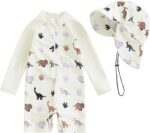 Beauace Baby Boy Swimsuit Long Sleeve Zipper Animal Print Romper Toddler Bathing Suit Toddler Girls Swimwear Outfit with Sun Hat