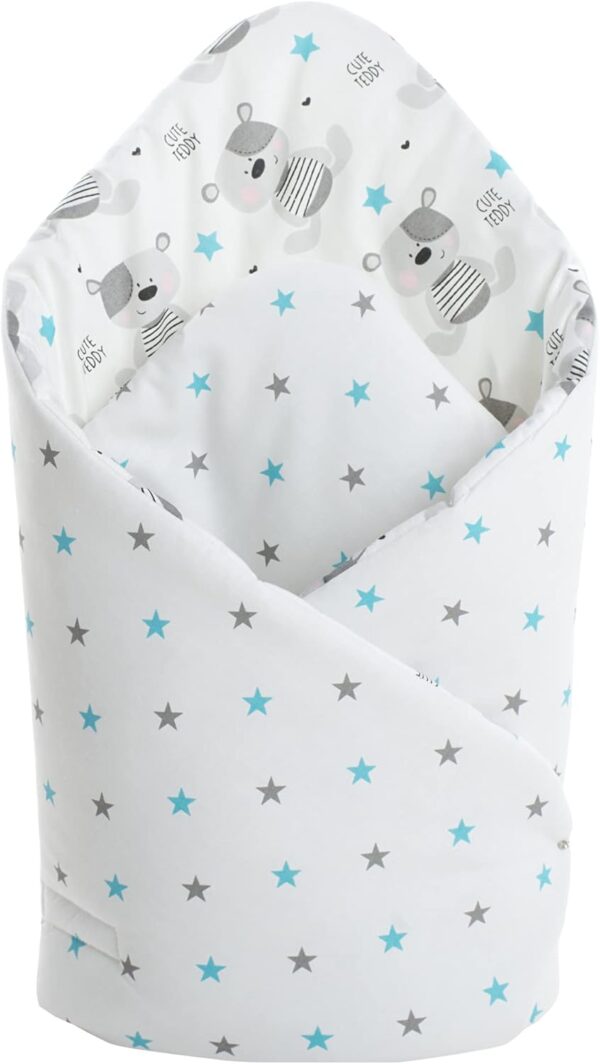 Medi Partners Swaddling Blanket Pillow 100% Cotton 75x75cm Sleeping Bag Double Sided Soft All Year Round Multifunctional Anti-Allergic Babies (Blue Teddy) - Image 2
