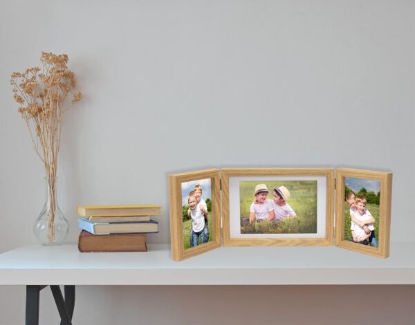 Triple Multi Photo Frame 2-6x4 and 7x5'', Hinged Foldable Picture Frames for Multiple Pictures 2-4x6 and 5x7'', Natural Wood effect College Picture Frame for Desktop Family Photo Farme. - Image 4
